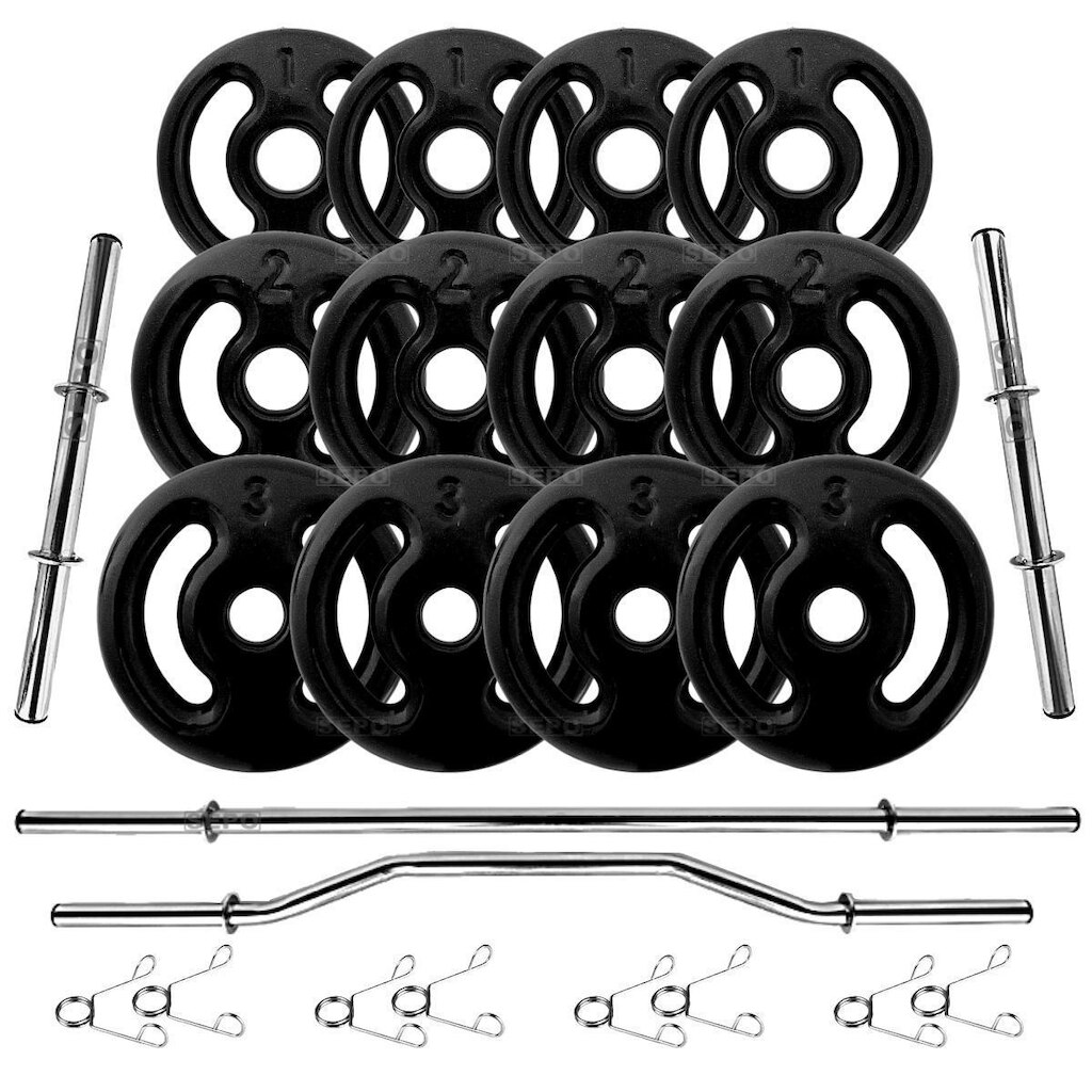 Kit 24Kg Anilhas Emborrachadas Pretas com Barras de 40cm e 1,50m + Barra W 1,20m