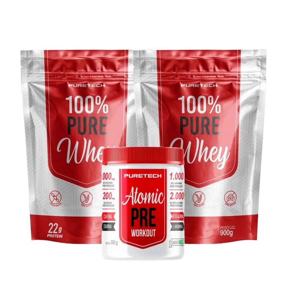 Kit 2x 100% Pure Whey 900g + Pré treino Atomic 300g PURETECH