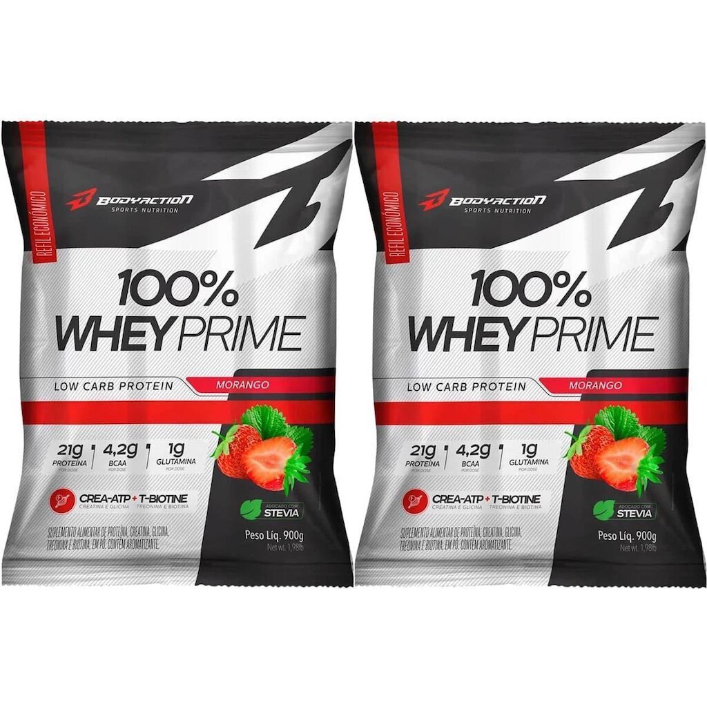 Kit 2X 100% Whey Prime - 900g Refil Morango - BodyAction