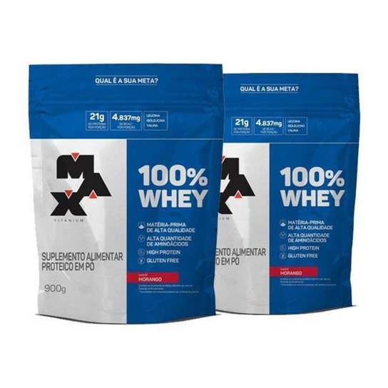 Kit 2x 100% Whey Protein Concentrado 900g - Max Titanium Menor preço em Kit 2x 100% Whey Protein Concentrado 900g - Max Titanium