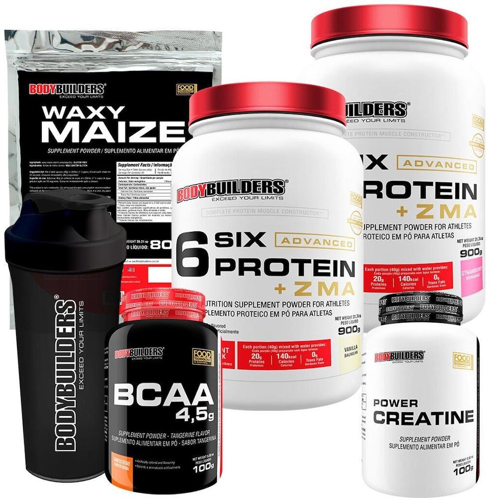 KIT 2x - 6 Six Whey Protein com ZMA 900g + Creatina + BCAA + Waxy Maize + Coqueteleira - BB