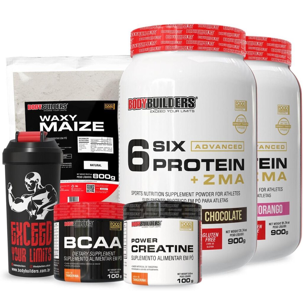Kit 2x 6 Six Whey Protein com ZMA 900g – Creatina – BCAA – Waxy Maize e Coqueteleira – Bodybuilders
