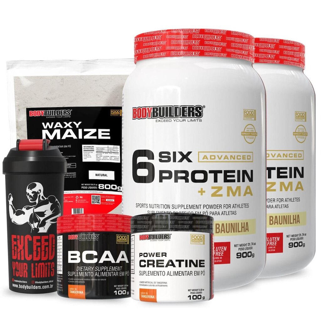 Kit 2x 6 Six Whey Protein com ZMA 900g – Creatina – BCAA – Waxy Maize e Coqueteleira – Bodybuilders