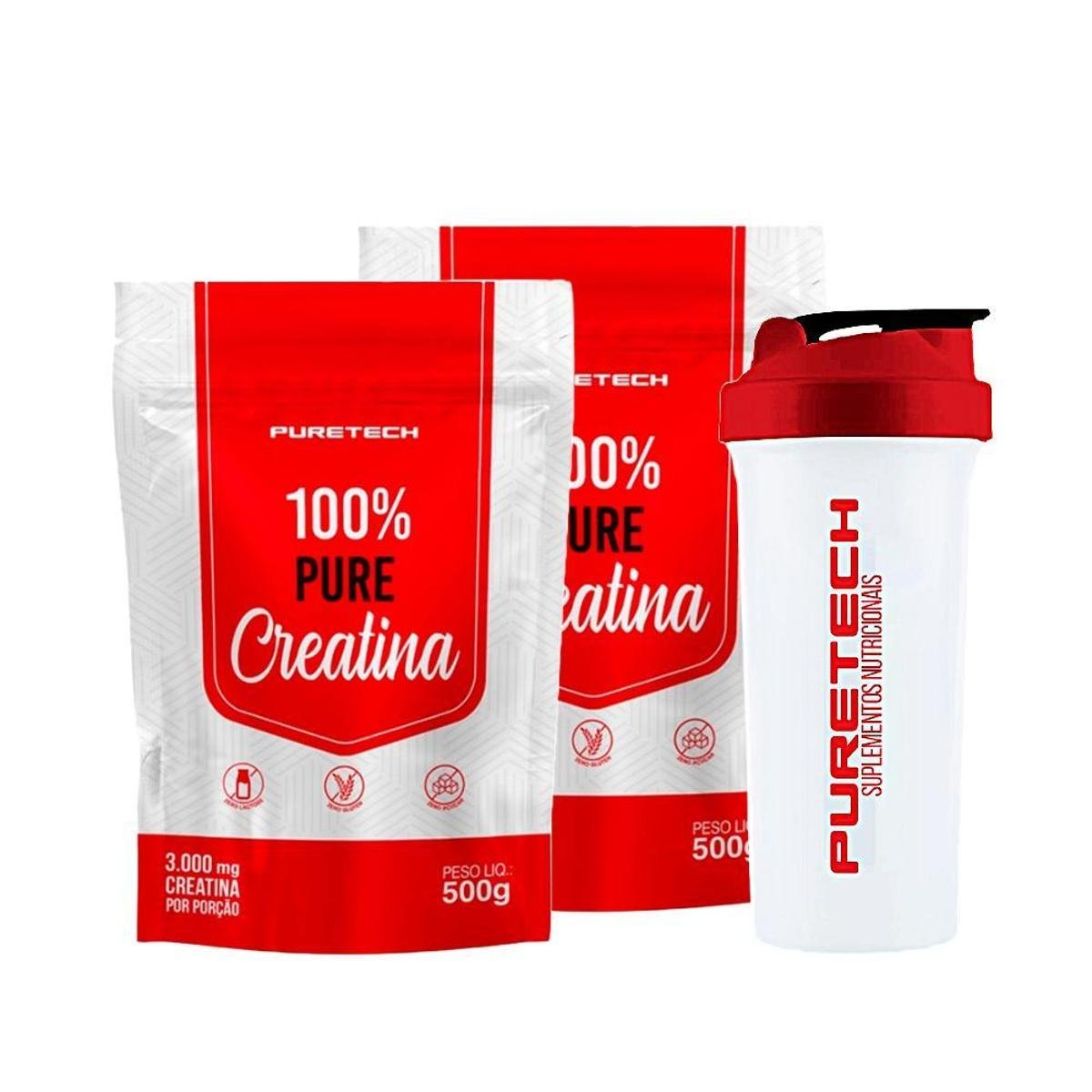 Kit 2x Creatina 100% Pure 500g + Coqueteleira 700ml PURETECH