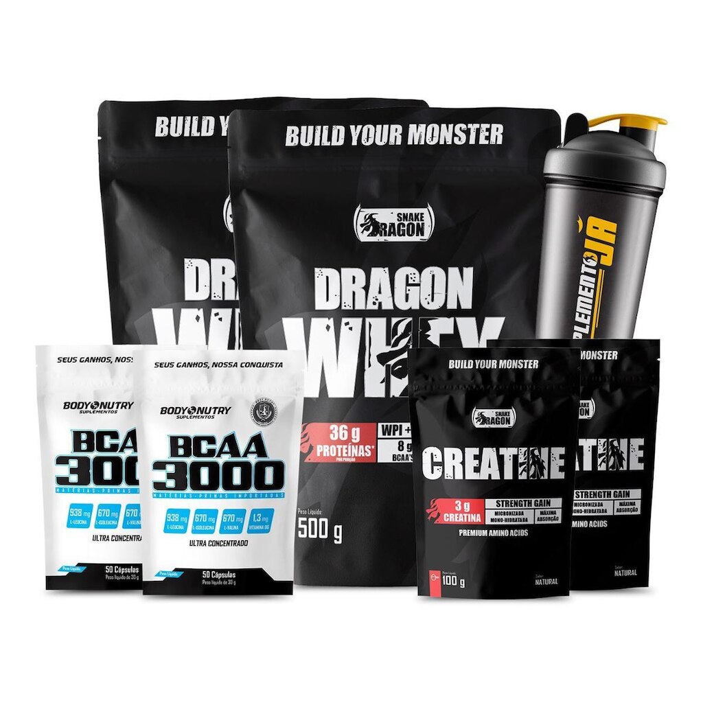 kit 2x Dragon Whey e 2x BCAA 50 Cápsulas e 2x Creatina 100g Snake Dragon e coqueteleira 600ml