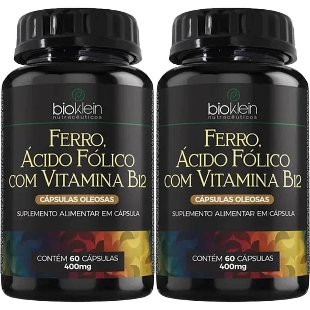 Kit 2X Ferro, Ácido Fólico e Vitamina B12 - 60 Cápsulas - Bioklein