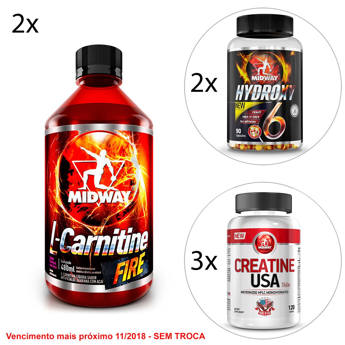 Kit 2x Midway L-Carnitina Fire + 2x Hydroxy 6 USA Termogênico + 3x Creatina  USA em Promoção no Oferta Esperta