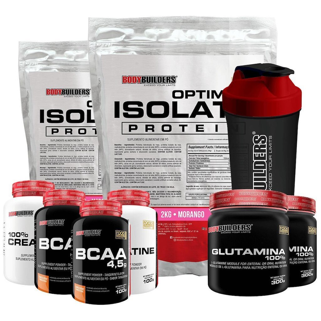 Kit 2x Optimum Isolate 2kg +2x Bcaa 100g+2xCreatina 100g+2x Glutamina 300g+Coqueteleira-BB