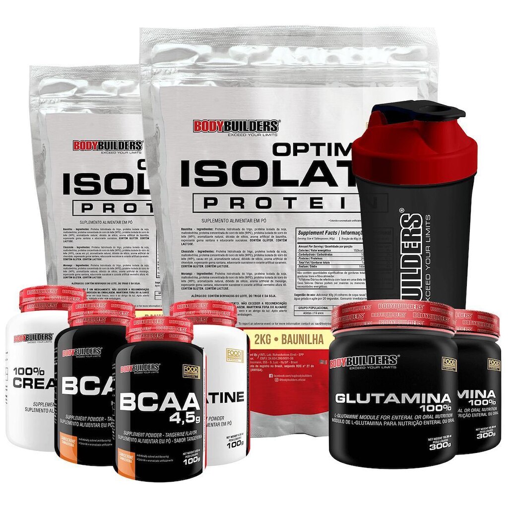 Kit 2x Optimum Isolate 2kg +2x Bcaa 100g+2xCreatina 100g+2x Glutamina 300g+Coqueteleira-BB