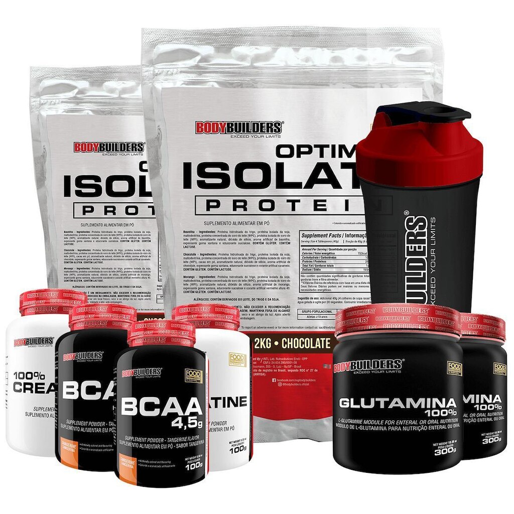 Kit 2x Optimum Isolate 2kg +2x Bcaa 100g+2xCreatina 100g+2x Glutamina 300g+Coqueteleira-BB
