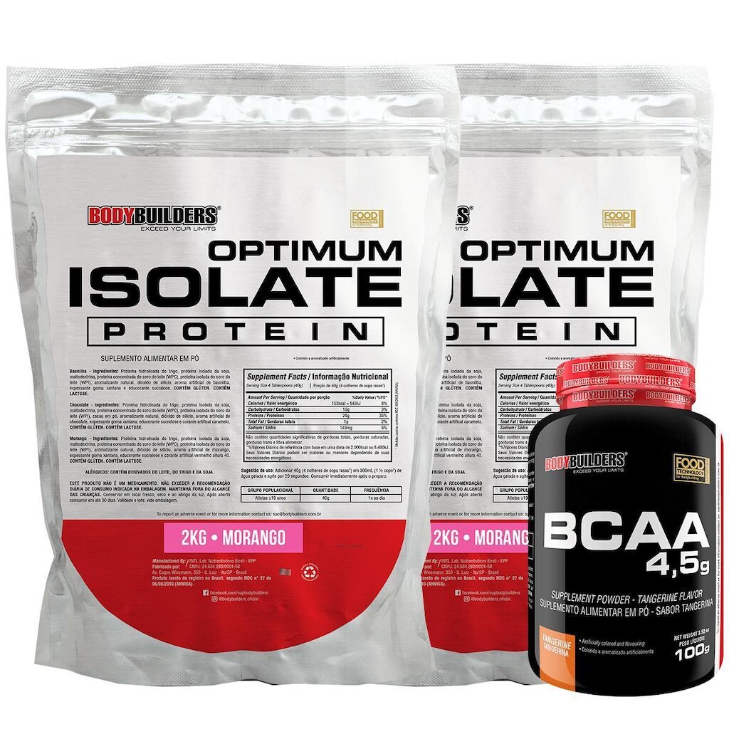 Kit 2x Optimum Isolate Whey Protein 2kg + Bcaa 100g - Bodybuilders