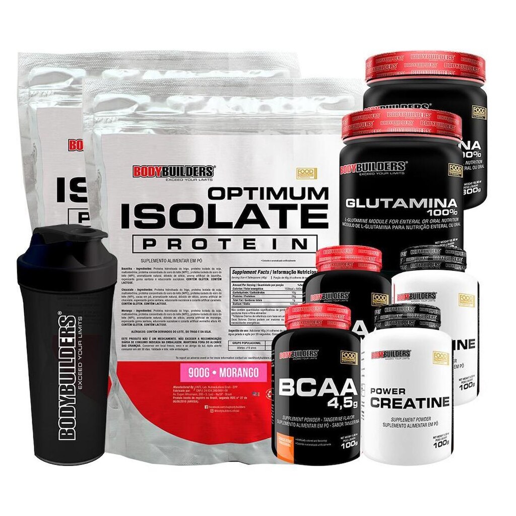 KIT 2x Optimum Isolate Whey Protein 900g + 2x BCAA 100g + 2x Creatine 100g + 2x Glutamina300g + Coq