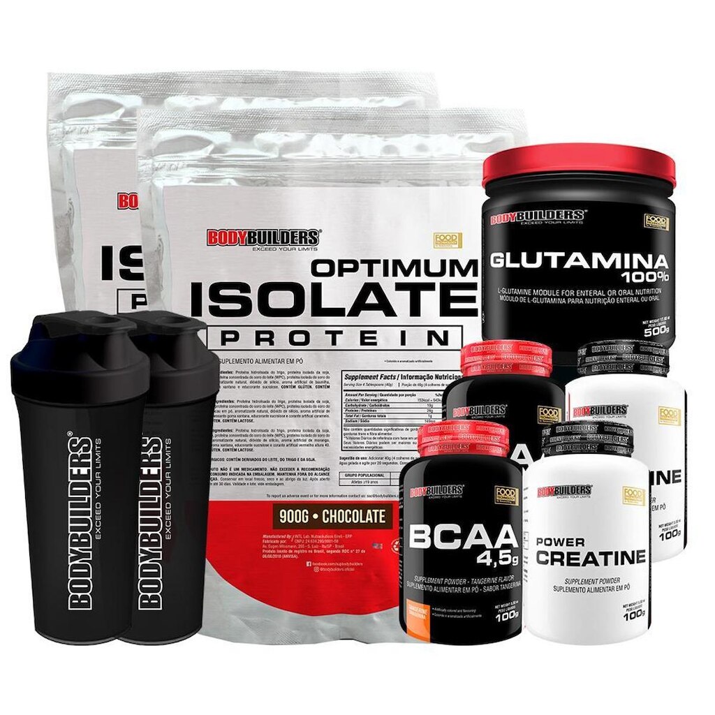 KIT 2x Optimum Isolate Whey Protein 900g + 2x BCAA 100g+ 2x Creatine 100g + Glutamina 500g+ 2x Coq