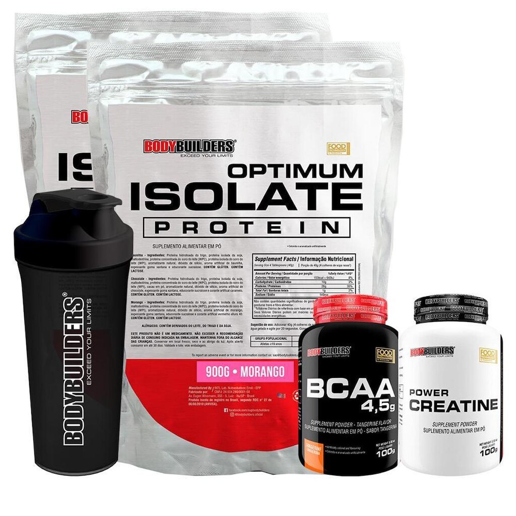 KIT 2x Optimum Isolate Whey Protein 900g + Creatina 100g + BCAA 100g + Coqueteleira - Bodybuilders
