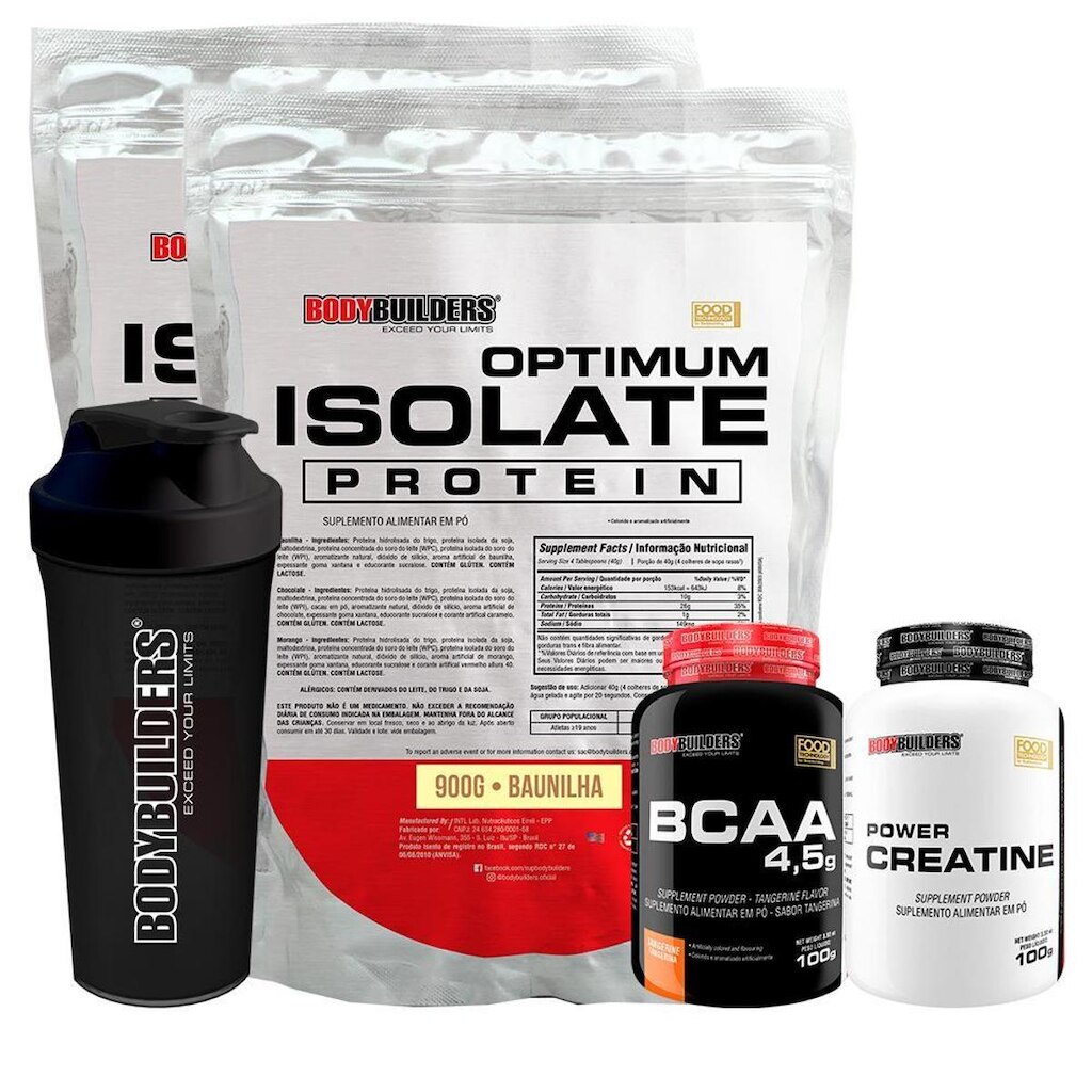 KIT 2x Optimum Isolate Whey Protein 900g + Creatina 100g + BCAA 100g + Coqueteleira - Bodybuilders