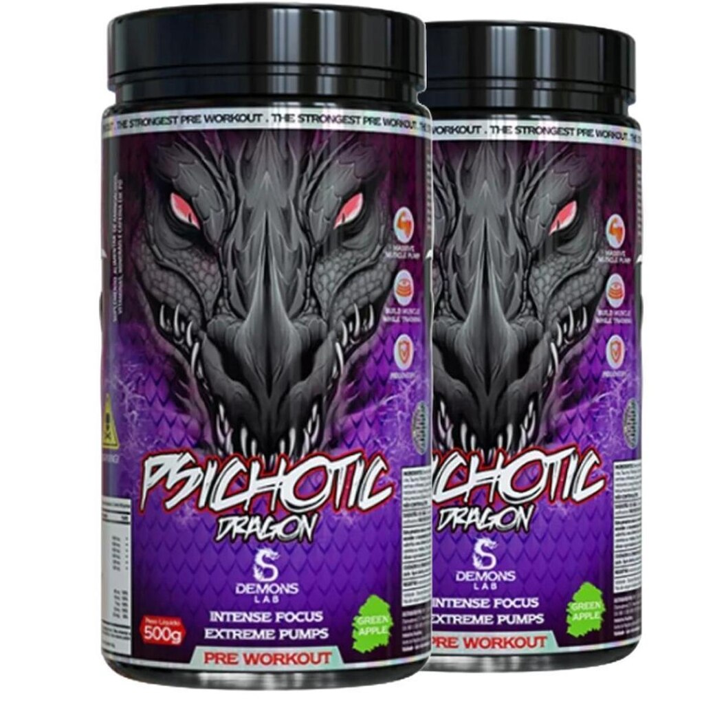 Kit 2x Pre Treino Psichotic Dragon Maça Verde 500g Demons