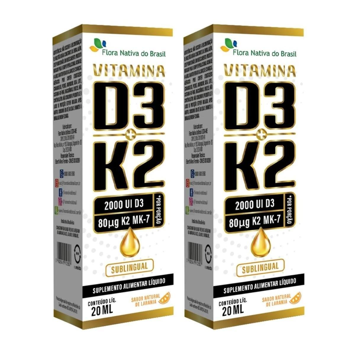 Kit 2x Vitamina D3 + K2 Gotas Sublingual Laranja 20ml Flora Nativa do Brasil