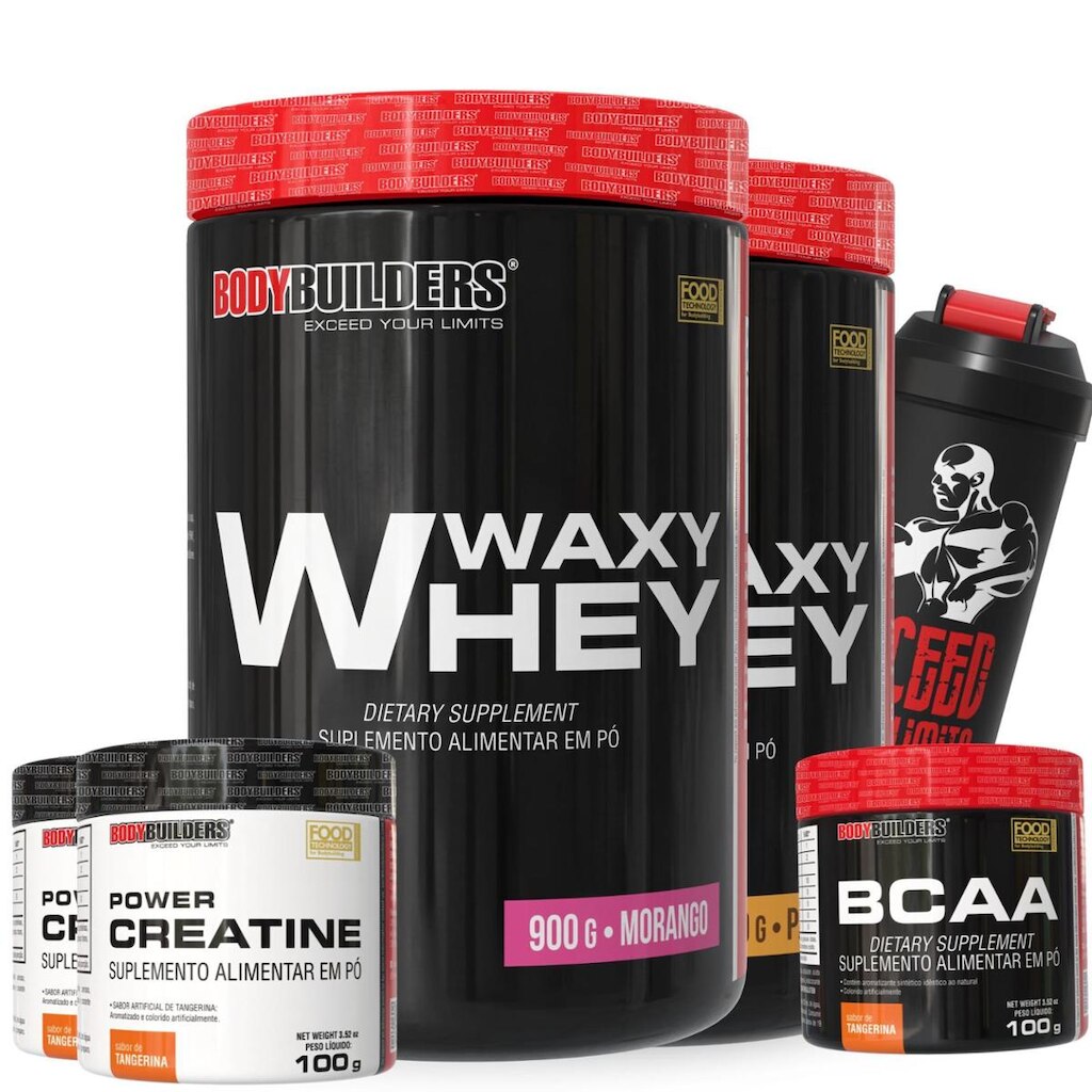 Kit 2x Waxy Whey 900g – 1x BCAA 4,5 100g – 2x Creatina 100g e Coqueteleira – Bodybuilders