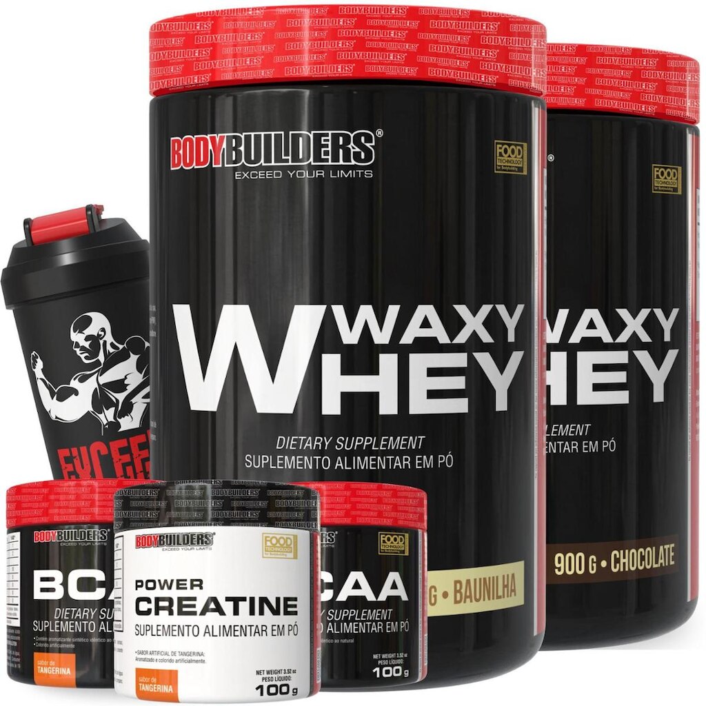 Kit 2x Waxy Whey 900g – 2x BCAA 4,5 100g – 1x Creatina 100g e Coqueteleira – Bodybuilders
