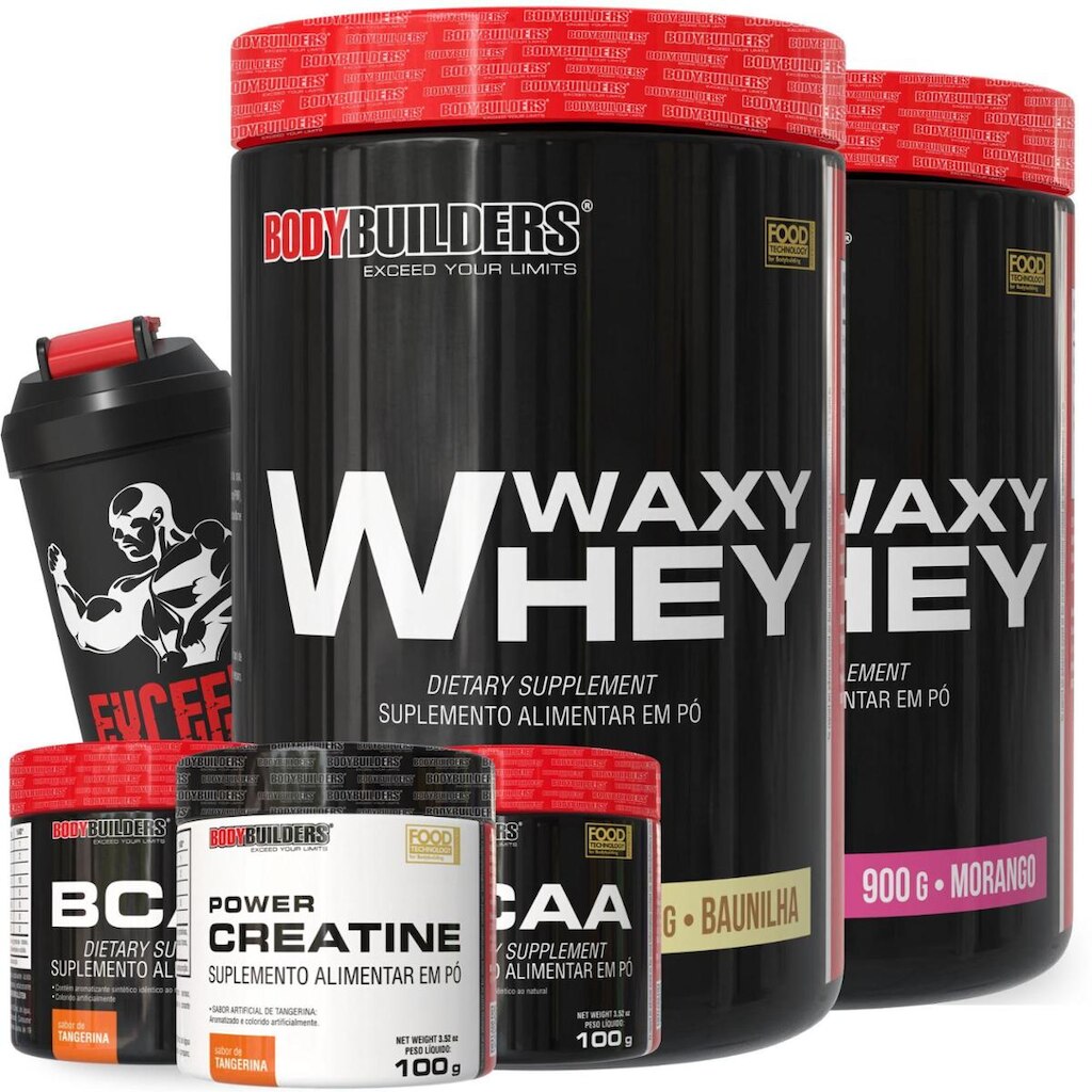 Kit 2x Waxy Whey 900g – 2x BCAA 4,5 100g – 1x Creatina 100g e Coqueteleira – Bodybuilders