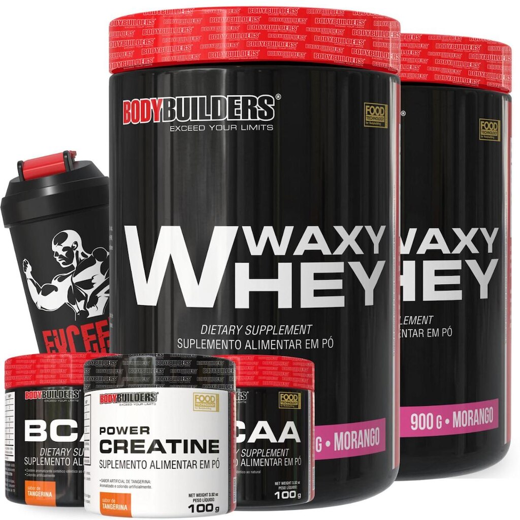 Kit 2x Waxy Whey 900g – 2x BCAA 4,5 100g – 1x Creatina 100g e Coqueteleira – Bodybuilders