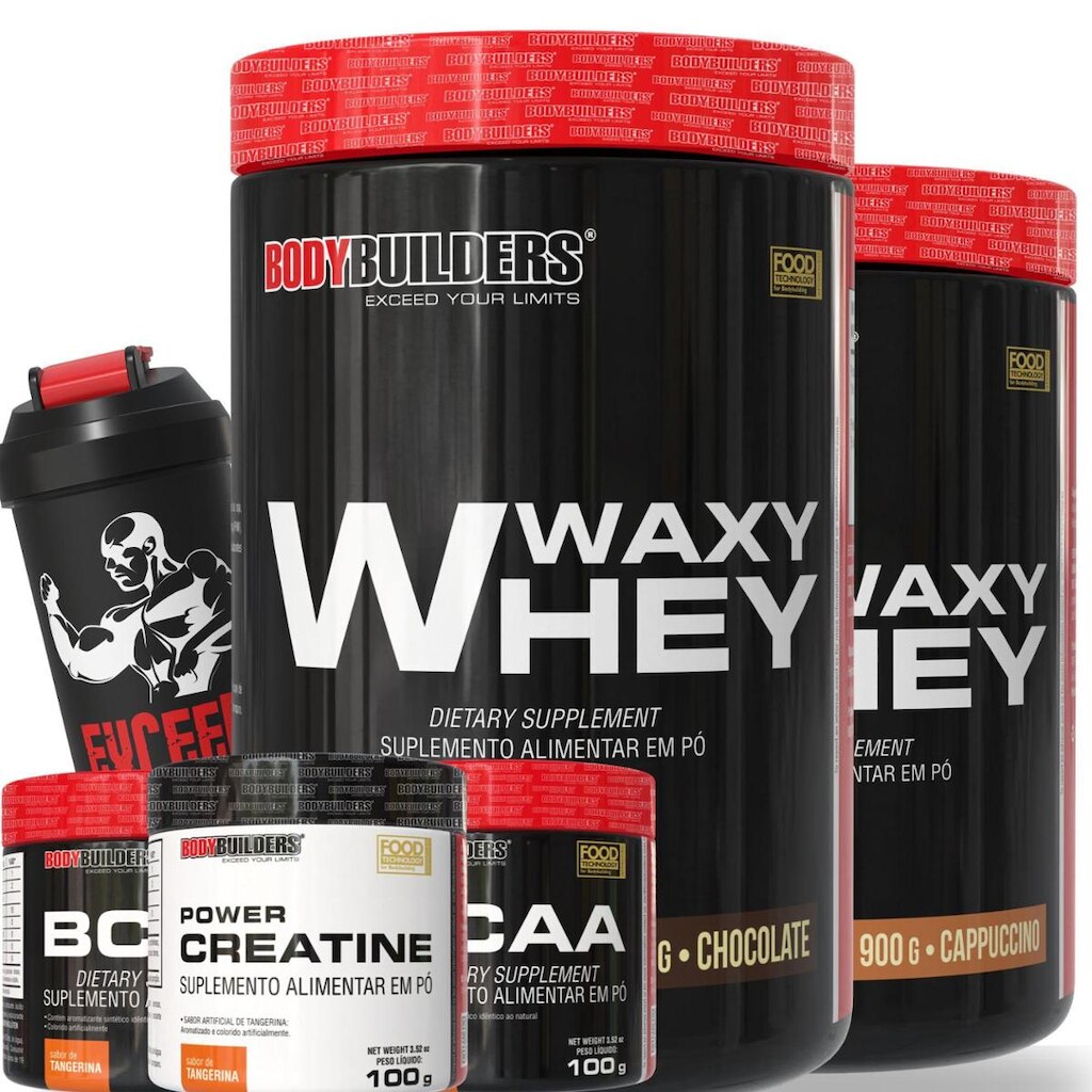 Kit 2x Waxy Whey 900g – 2x BCAA 4,5 100g – 1x Creatina 100g e Coqueteleira – Bodybuilders