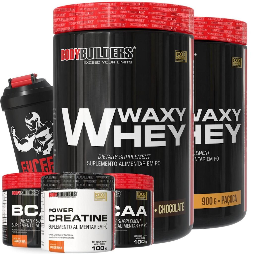 Kit 2x Waxy Whey 900g – 2x BCAA 4,5 100g – 1x Creatina 100g e Coqueteleira – Bodybuilders