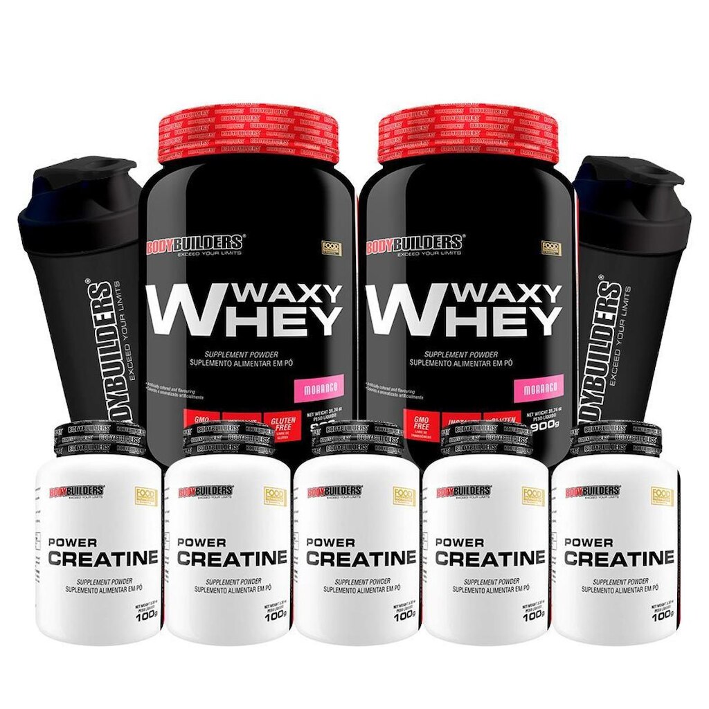 Kit 2x Waxy Whey 900g + 5x Power creatina 100g + 2x Coqueteleira - Bodybuilders