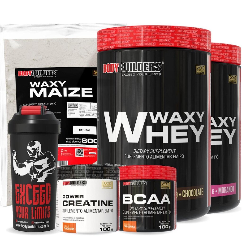 Kit 2x Waxy Whey 900g – BCAA 100g – Creatina 100g – Waxy Maize 800g e Coqueteleira – Bodybuilders