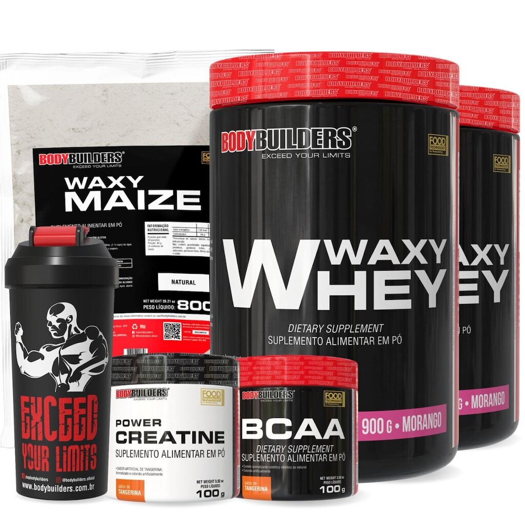 Kit 2x Waxy Whey 900g – BCAA 100g – Creatina 100g – Waxy Maize 800g e Coqueteleira – Bodybuilders