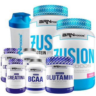 Kit 2x Whey 900g + 2x Creatina 100g + 2x Bcaa 120cap + Glutamin 250g + Coqueteleira 600ml BRN FOODS