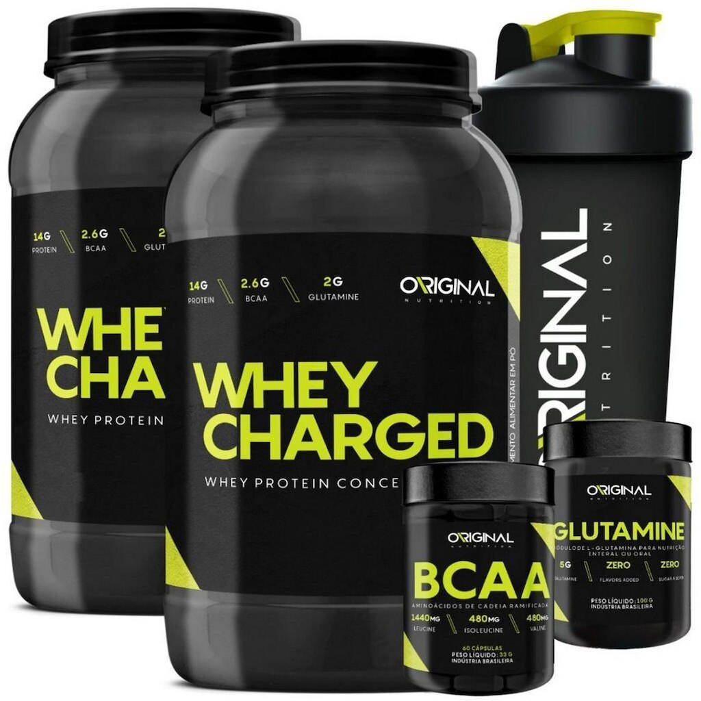 Kit 2X Whey 900G +Bcaa 60 Cáps + Gluta 100G +Shaker 600Ml
