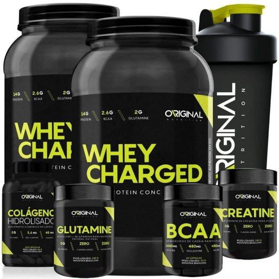 Kit 2X Whey 900G +Colágeno 120 Cáps + Gluta 100G+Bcaa 60 Cáps+Crea 100g+ Shaker Menor preço em Kit 2X Whey 900G +Colágeno 120 Cáps + Gluta 100G+Bcaa 60 Cáps+Crea 100g+ Shaker