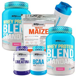 Kit 2x Whey Blend 900g + BCAA 100g + Creatina 100g + Waxy Maize 800g + Coqueteleira BRNFOODS