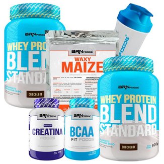 Kit 2x Whey Blend 900g + BCAA 100g + Creatina 100g + Waxy Maize 800g + Coqueteleira BRNFOODS