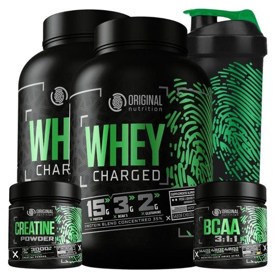 Kit 2X Whey Charged Original + Bcaa+ Creatina + Shaker Menor preço em Kit 2X Whey Charged Original + Bcaa+ Creatina + Shaker