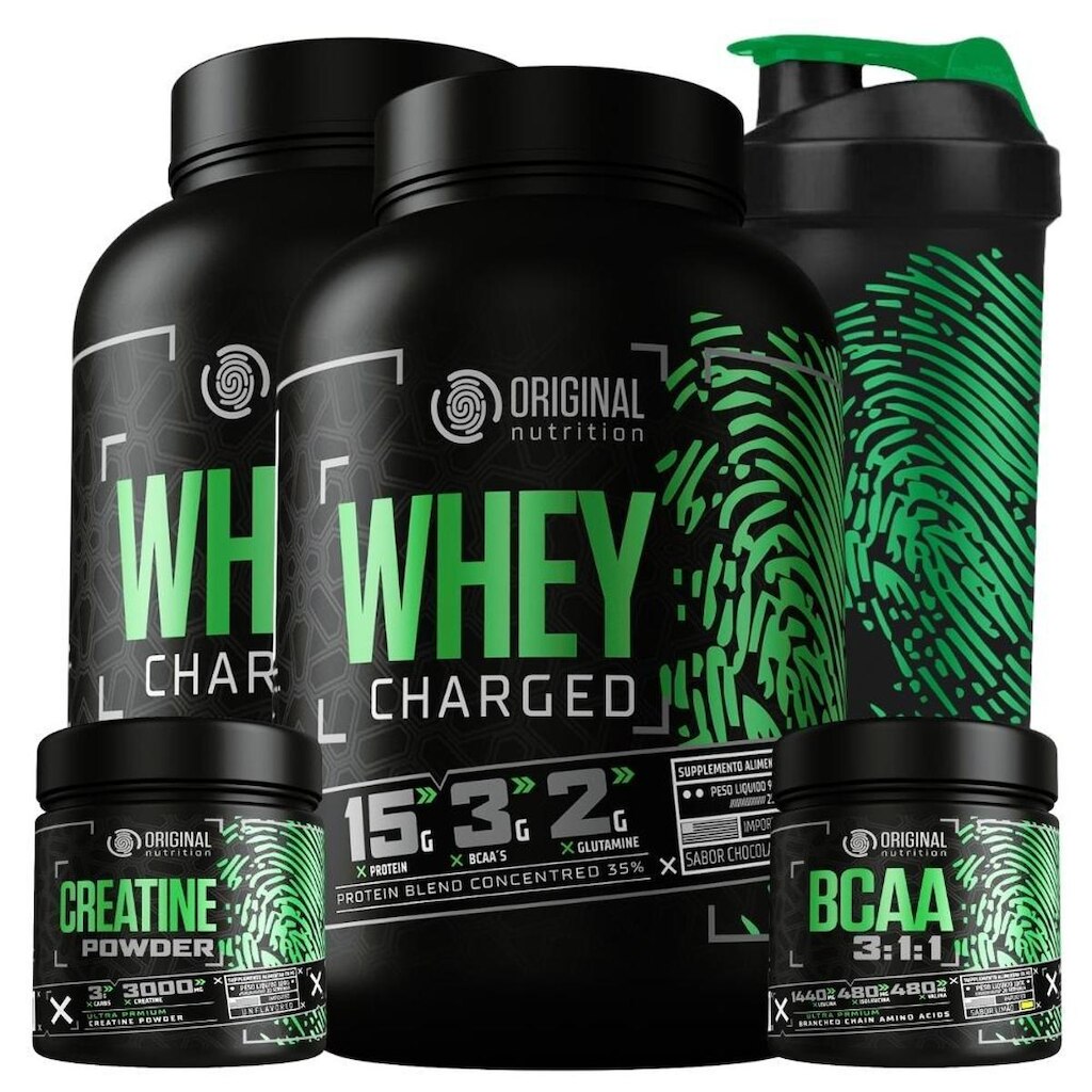 Kit 2X Whey Charged Original + Bcaa+ Creatina + Shaker