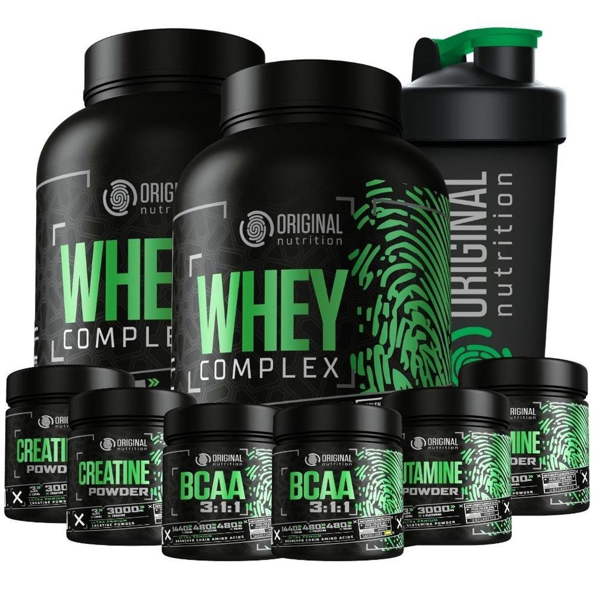 Kit 2X Whey Complex + 2X Bcaa + 2X Glutamin + 2X Crea + Shaker Menor preço em Kit 2X Whey Complex + 2X Bcaa + 2X Glutamin + 2X Crea + Shaker