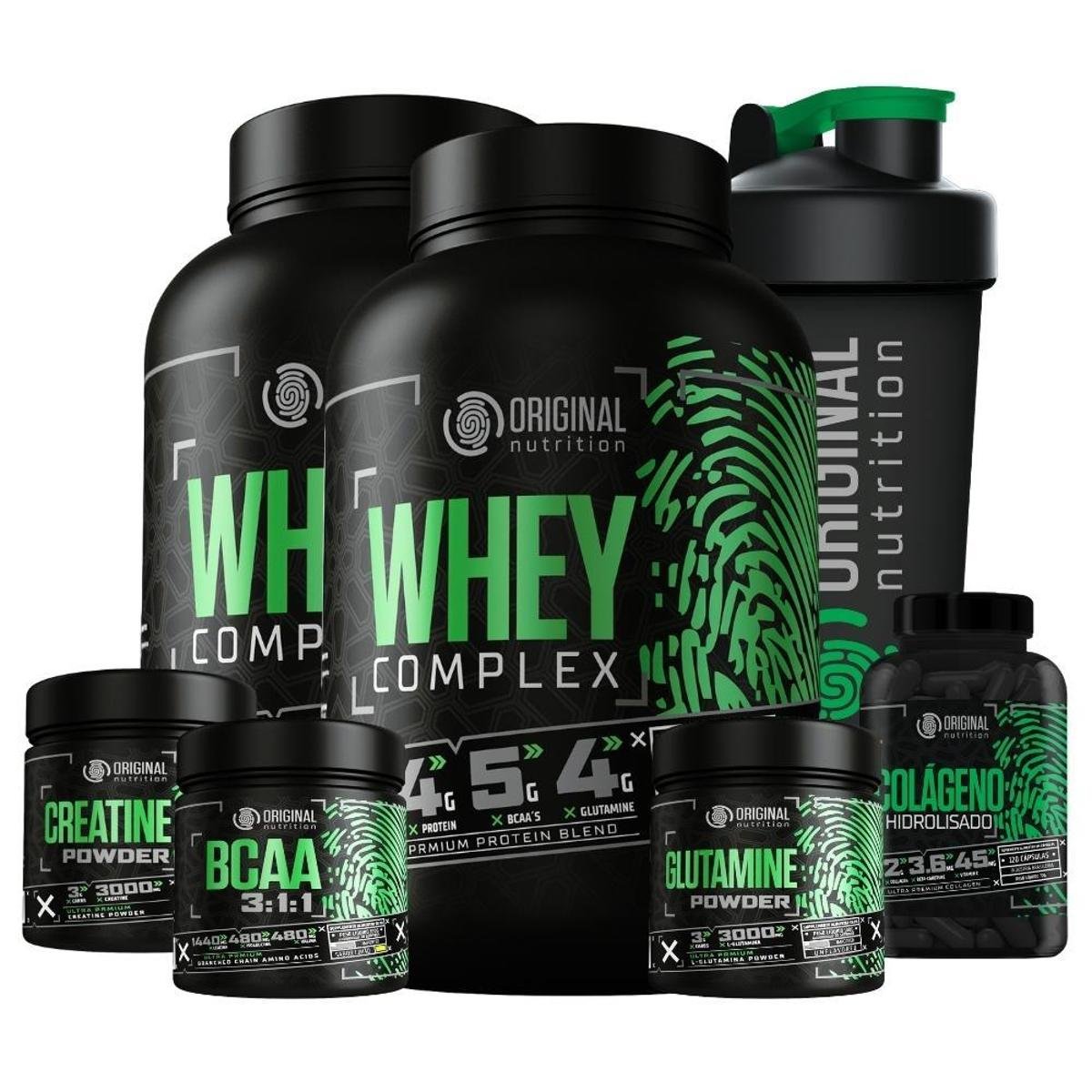 Kit 2X Whey Complex + Bcaa + Colágeno + Gluta + Crea + Shaker Menor preço em Kit 2X Whey Complex + Bcaa + Colágeno + Gluta + Crea + Shaker