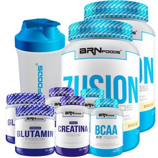 Kit 2x Whey Fusion  + 2x Bcaa + 2x Creatina + 2x Glutamina + Shaker - BRNFOODS