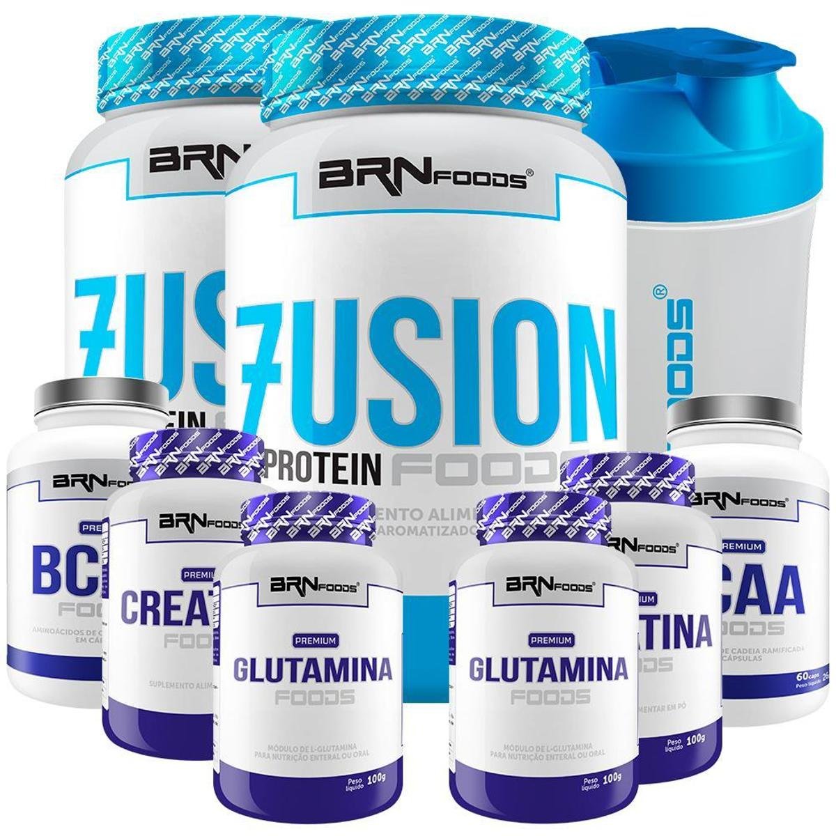 Kit 2x Whey Fusion + 2x Bcaa + 2x Creatina + 2x Glutamina + Shaker