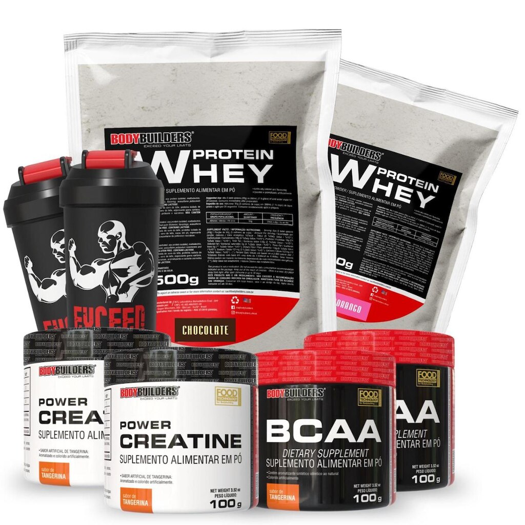Kit 2x Whey Protein 500g – 2x BCAA 100g – 2x Power Creatina 100g e 2x Coqueteleira – Bodybuilders
