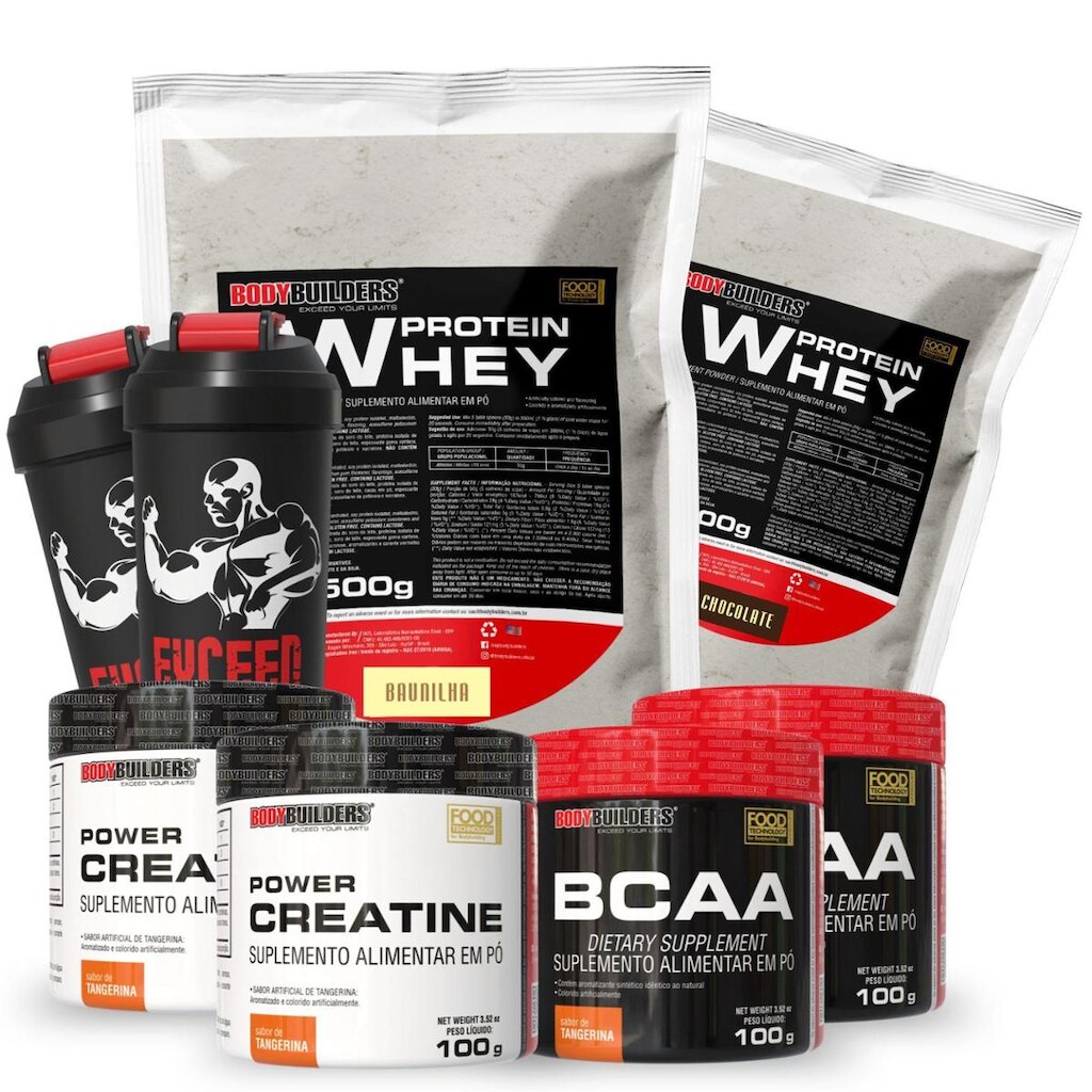 Kit 2x Whey Protein 500g – 2x BCAA 100g – 2x Power Creatina 100g e 2x Coqueteleira – Bodybuilders