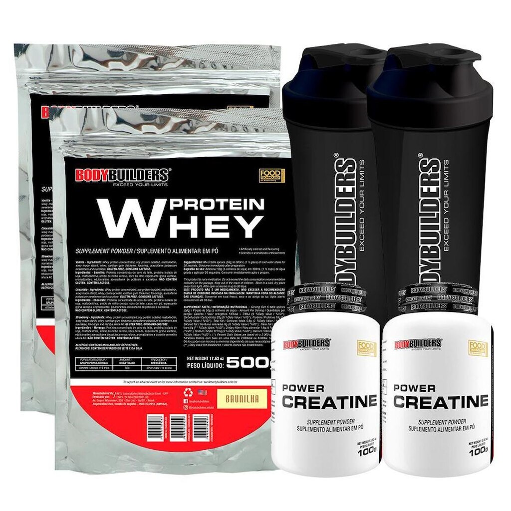 KIT - 2x Whey Protein 500g + 2x Creatina 100g + 2x Coqueteleira - Bodybuilders