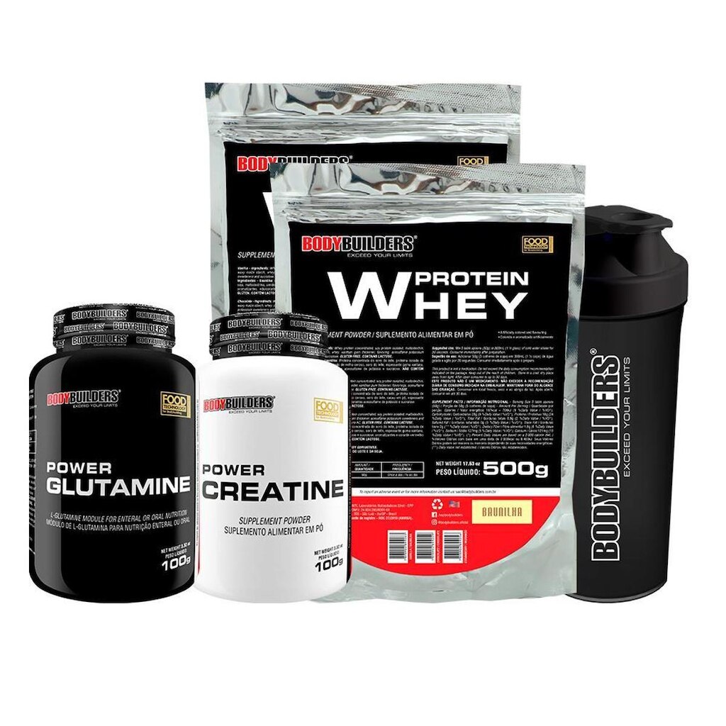 KIT - 2x Whey Protein 500g +  Power Creatina 100g + Power Glutamina 100g + Coqueteleira - BB