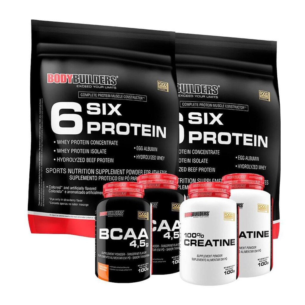 KIT - 2x Whey Protein 6 Six Protein  900g + 2x BCAA 4.5 100g + 2x 100% Creatina - BodyBuilders