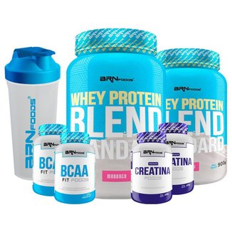 KIT-2x Whey Protein Blend 900g +2x PREMIUM Creatina 100g +2x BCAA fit foods 100g+Coqueteleira-BRN