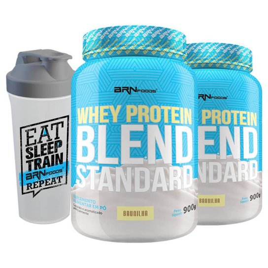 Kit 2X Whey Protein Concentrado Blend Standard + Coqueteleira - Brn Foods Menor preço em Kit 2X Whey Protein Concentrado Blend Standard + Coqueteleira - Brn Foods