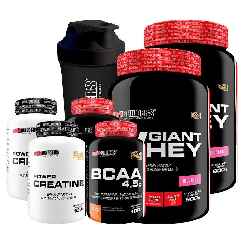KIT -2x Whey Protein Giant Whey 900g +2x Creatina 100g +2x BCAA 4,5 100g +Coqueteleira -BB