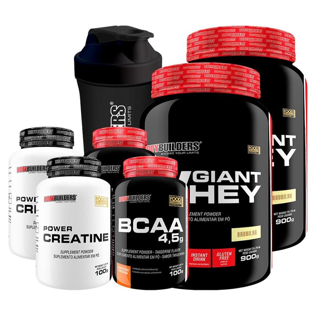 KIT -2x Whey Protein Giant Whey 900g +2x Creatina 100g +2x BCAA 4,5 100g +Coqueteleira -BB